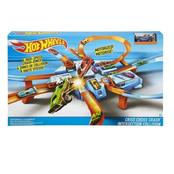 Hot Wheels Track Set With 1:64 Scale Toy Car, Criss-Cross Crash Track With Motorized Booster DTN42 - Image 2