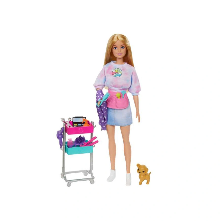 HNK95 1 (1) Barbie “Malibu” Stylist Doll & 14 Accessories Playset, Hair & Makeup Theme With Puppy & Styling Cart - Image 1
