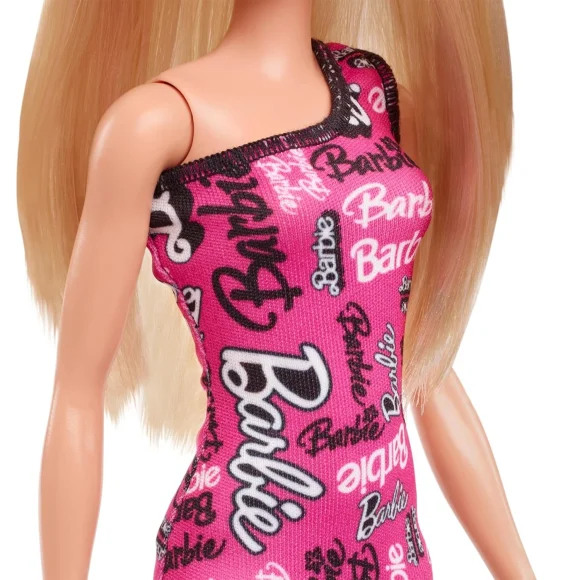 Barbie Fashion Doll With Straight Blonde Hair Wearing Removable Pink Dress & Shoes With Logo Print - Image 5